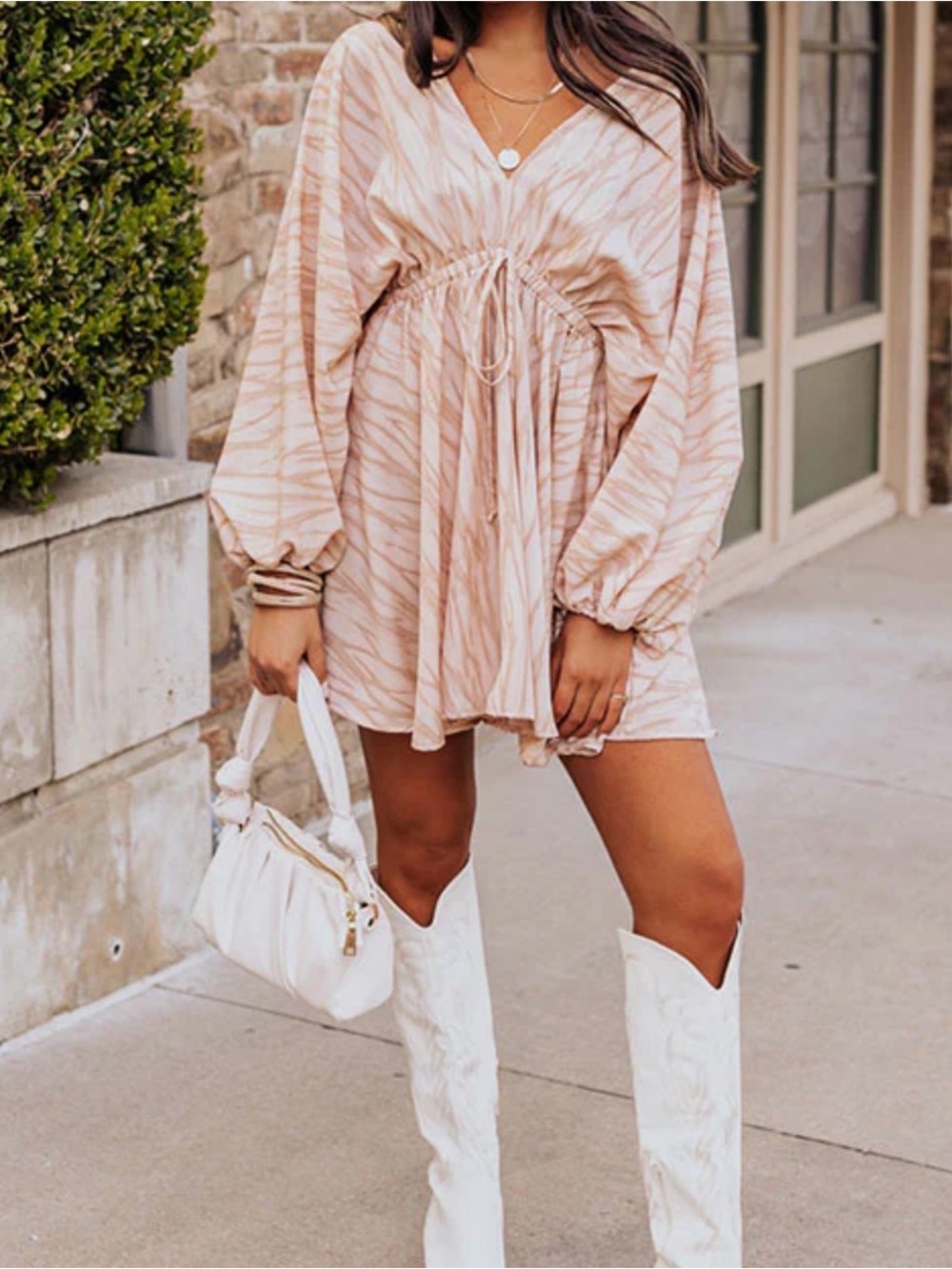 Neutral Beige Zebra-Print V-Neck Mini Dress with Tie Waist